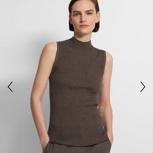 Theory Ribbed Mock Neck Tank Top in brown with navy lining